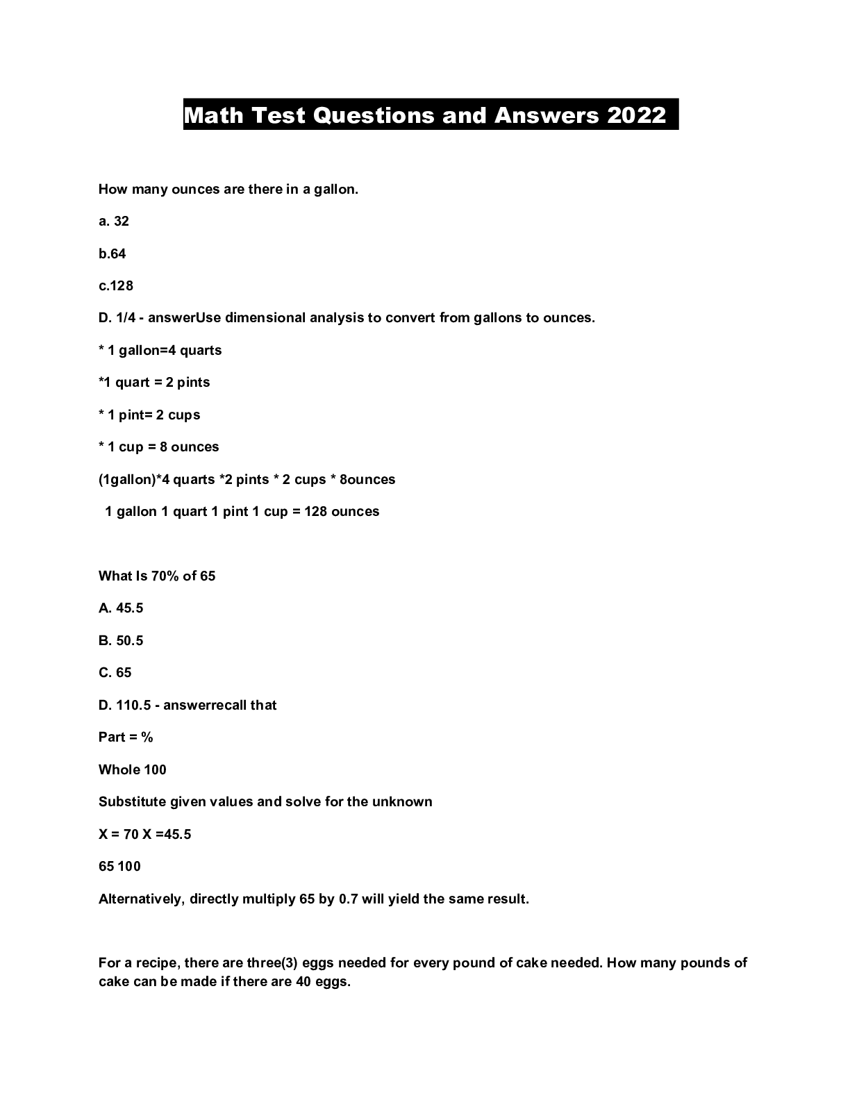 Preview image of Math Test Questions and Answers 2022 document